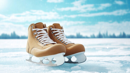 Naklejka premium Ice skates on frozen surface, perfect for winter activities and fun. Perfect for winter holidays and celebration.