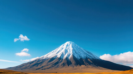 Majestic snow capped mountain under clear blue sky with golden fields. Perfect for winter holidays and celebration.