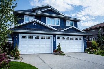Practical design showcased by dual white garage doors on a blue suburban house.