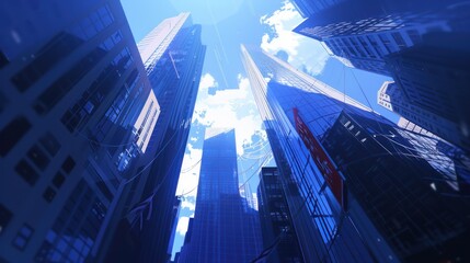Low Angle View of Tall Glass Buildings Against a Blue Sky