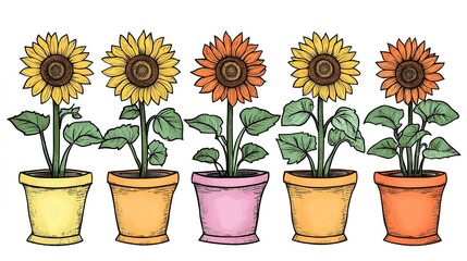 Obraz premium Hand-Drawn Vector Illustration of Sunflowers in Pots, Designed as a Coloring Book Page with Rich, Bold Colors and Intricate Details