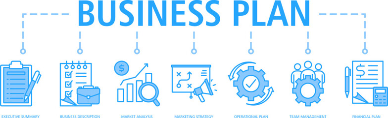 Business Plan web icon vector illustration concept with icon of (executive summary,business description,market analysis,marketing strategy,operational plan,team management,financial plan)