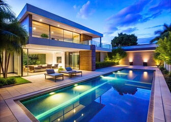 Fototapeta premium Modern Minimalist Swimming Pool at Night - Luxury Home Interior Design, Illuminated Elegance, Serene Atmosphere, Stylish Architecture, and Sophisticated Outdoor Spaces