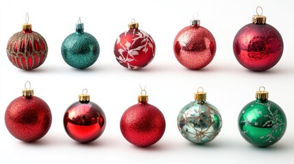 A collection of festive Christmas ornaments on a white isolated background, vibrant reds and greens, highly detailed textures with glittering surfaces, soft natural lighting, 32K resolution