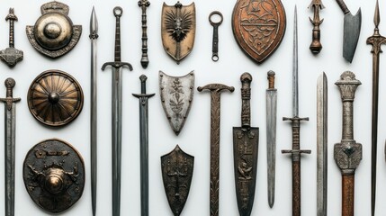 A collection of museum-quality antique weapons, displayed on a white background, featuring swords, shields, and spears with intricate detailing, hyper-detailed metallic surfaces, sharp focus
