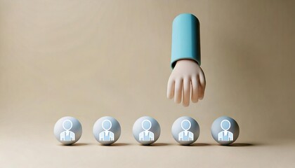 Naklejka premium A hand is selecting figures representing people, symbolizing choice, recruitment, or decision-making in a minimalist setting.