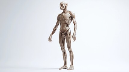 A conceptual representation of an ancient man designed for archaeological research, standing on a white background, ultra-detailed body structure, lifelike skin and bone textures, 32K resolution