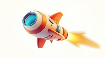 Fototapeta premium A cute cartoon spaceship flying through a bright white background, with exaggerated thrusters and vibrant, playful details, sharp focus on simple textures, 32K resolution