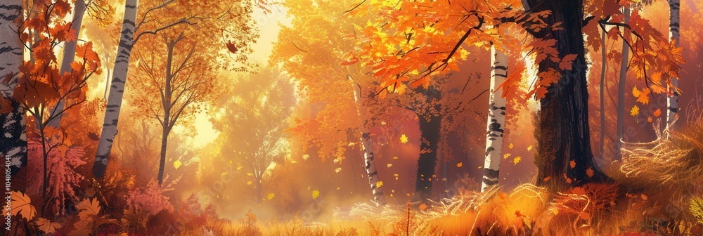 Poster trees stand tall in a golden autumn forest, their bright fall leaves illuminated by the morning sun,