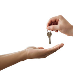 A close-up of a key handover gesture, symbolizing trust, new ownership, or a transition.