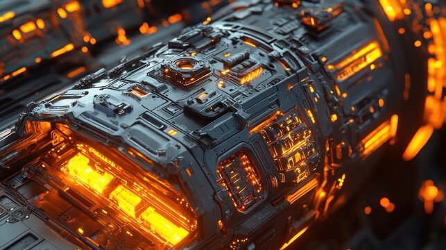A detailed close-up view of a futuristic spaceship hull, featuring sharp metallic textures, glowing circuits, and intricate mechanical parts, hyper-realistic lighting. - Powered by Adobe