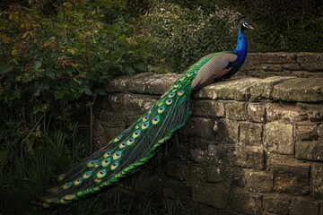 Obraz premium Peacock Perched on a Stone Wall Displaying Its Feathers