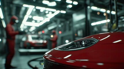 Car Manufacturing Plant with Red Vehicles and Workers