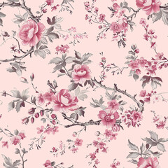 Seamless Toile de Jouy Floral Bird Pattern &ndash; Vintage-Inspired Elegant Design for Prints and Textiles