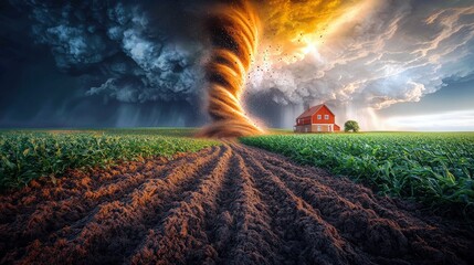 Obraz premium Dramatic Tornado Swirls Over Farm Landscape