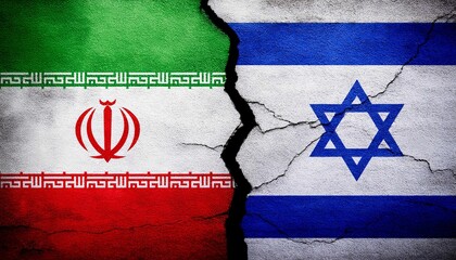 Israeli flag and the Iranian flag over the cracks wall. Concept illustration depicting the conflict war between Iran and Israel. Israel vs Iran

