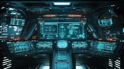 A futuristic spaceship bridge with glowing holographic displays, sharp focus on advanced controls and metallic surfaces, vibrant ambient lighting.