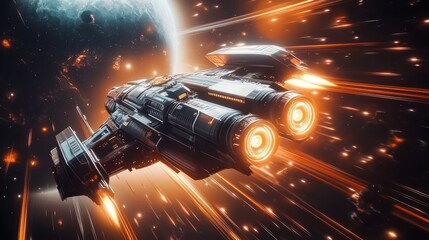 Fototapeta premium A futuristic spaceship in motion, traveling through space in an animated scene, sharp focus on the glowing energy cores, with vibrant stars and planets in the background.
