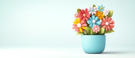Colorful flower arrangement in a blue pot.