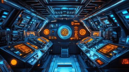 Fototapeta premium A futuristic spaceship interior with glowing control panels, advanced technology, and highly detailed metallic textures, vibrant lighting, sharp focus on every detail.