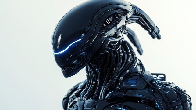 A highly advanced alien with futuristic technology integrated into its body, standing on a white background, detailed cybernetic features and glowing elements, soft lighting.