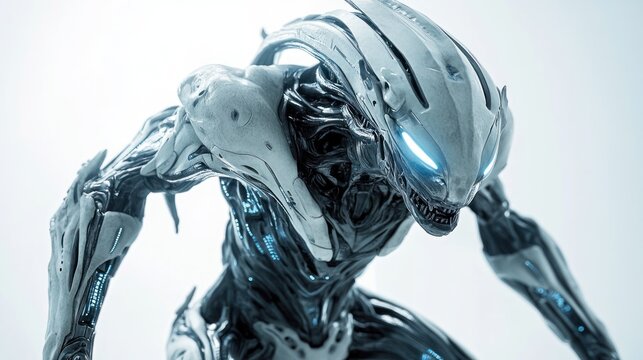 A highly advanced alien with futuristic technology integrated into its body, standing on a white background, detailed cybernetic features and glowing elements, soft lighting.