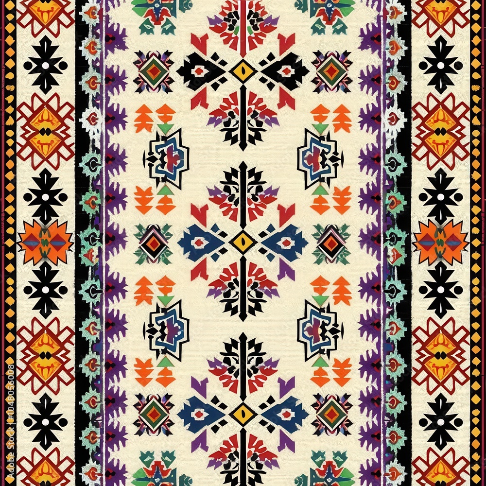 Poster this textile showcases a rich array of colorful patterns, blending floral and geometric motifs in a 
