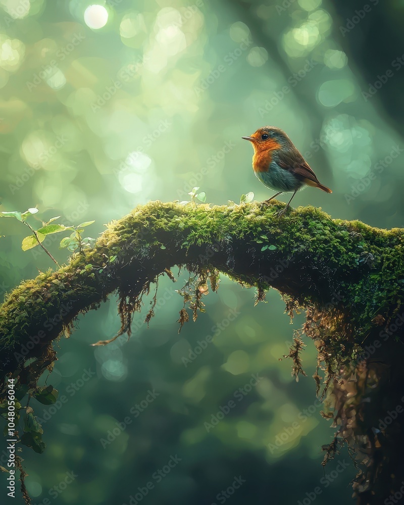 Aufkleber small robin on mossy branch in soft bokeh background