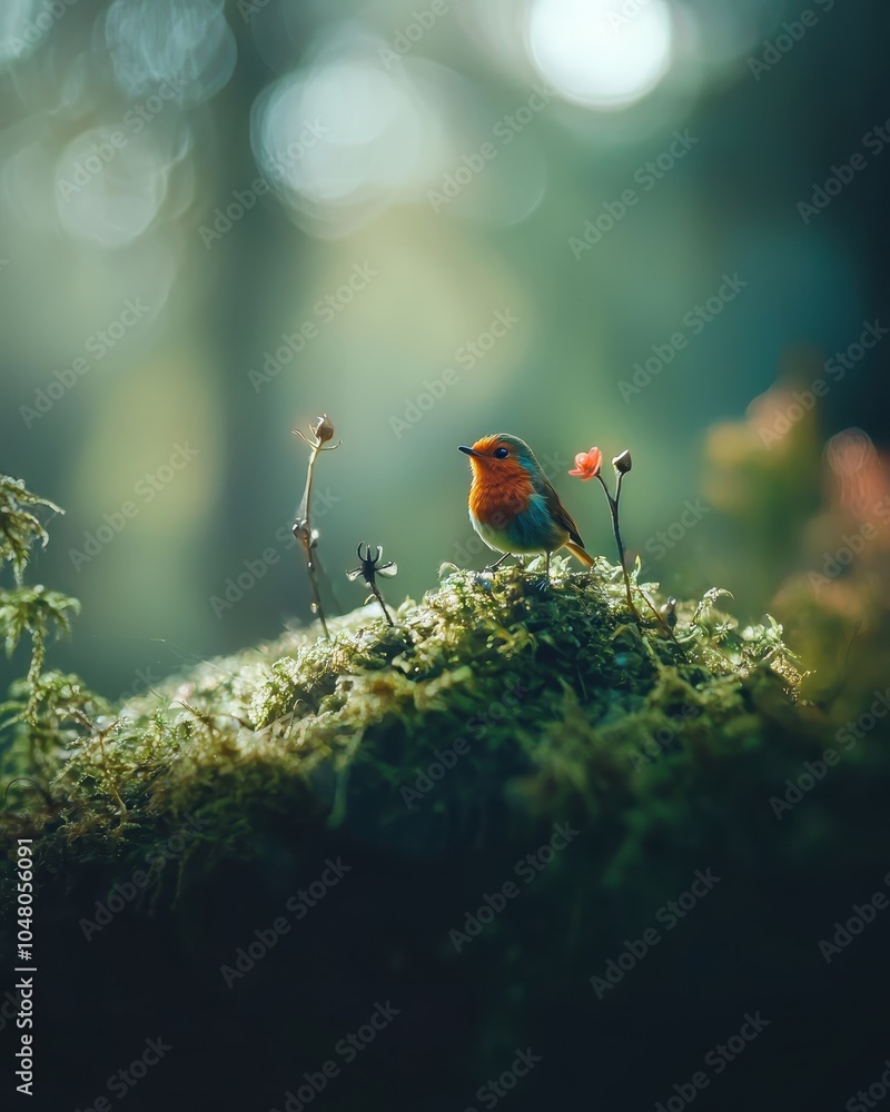 Poster Small Robin on Mossy Branch in Soft Bokeh Background