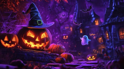 A carved pumpkin with a joyful grin sits at the center, surrounded by cute ghost decorations and a vibrant Halloween backdrop filled with festive colors and symbols.
