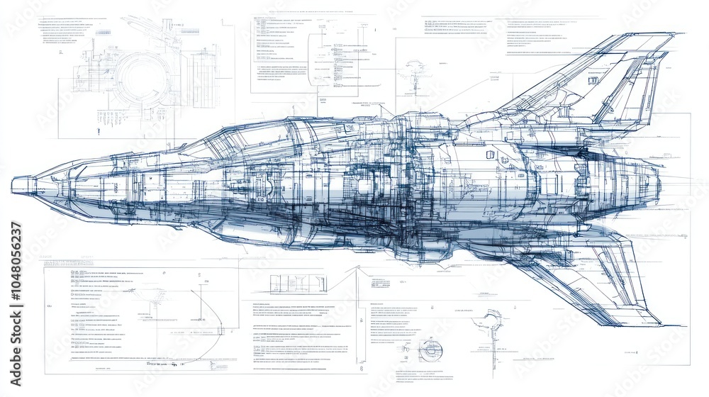 Wall mural a highly detailed blueprint of a futuristic spaceship, showcasing intricate design elements and tech