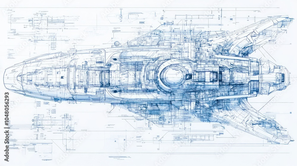 Wall mural a highly detailed blueprint of a futuristic spaceship, showcasing intricate design elements and tech
