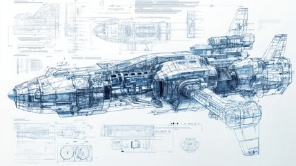A highly detailed blueprint of a futuristic spaceship, showcasing intricate design elements and technical specifications, displayed on a white background, sharp lines and clean layout.