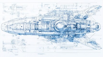 A highly detailed blueprint of a futuristic spaceship, showcasing intricate design elements and technical specifications, displayed on a white background, sharp lines and clean layout.