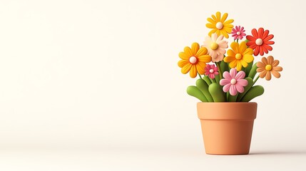 Colorful flowers in a pot on plain background