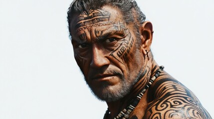 Obraz premium A hyper-realistic portrayal of an ancient man covered in traditional tribal tattoos, standing on a white background, sharp focus on the intricate designs and lifelike skin textures.