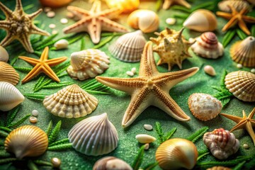 Seashells and Starfish in Low Light on a Green Background for Coastal Decor and Nature Photography