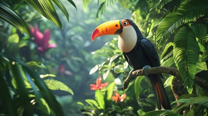 Fototapeta premium Colorful Toucan Perched in Lush Tropical Environment