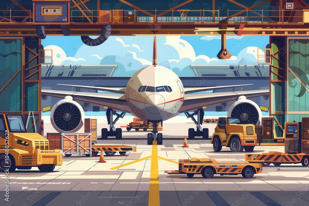 Aufkleber a large cargo airplane is on the runway, being loaded and unloaded with various equipment in use und