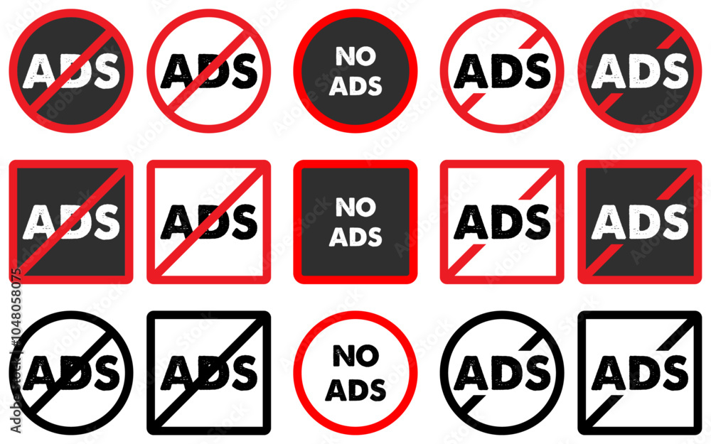 Poster no ad icon set no advertisement sign symbol not allow skip vector buttons