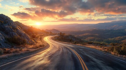 Sunrise over winding road scenic mountain view.