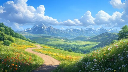 Fototapeta premium Mountain landscape with path and flowers.