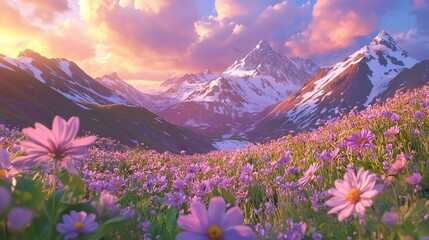 Fototapeta premium Flower field sunset over snowy mountains.