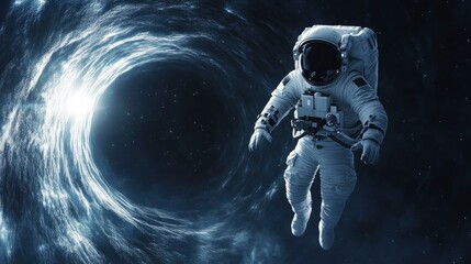 A man in a white spacesuit floating near a black hole, against dark background