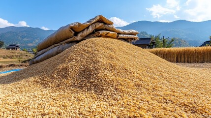 Rice Harvest Process in Rural Setting Under Sun