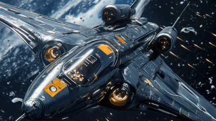 Fototapeta premium Close-up of a spaceship concept art design, intricate mechanical details, sleek futuristic surfaces, ultra-realistic lighting and vibrant space environment