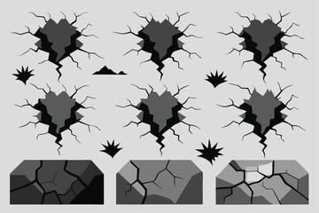 Set of Ground cracks. Earthquake and ground cracks, hole effect, craquelure. Vector can be used for topics earthquake vector