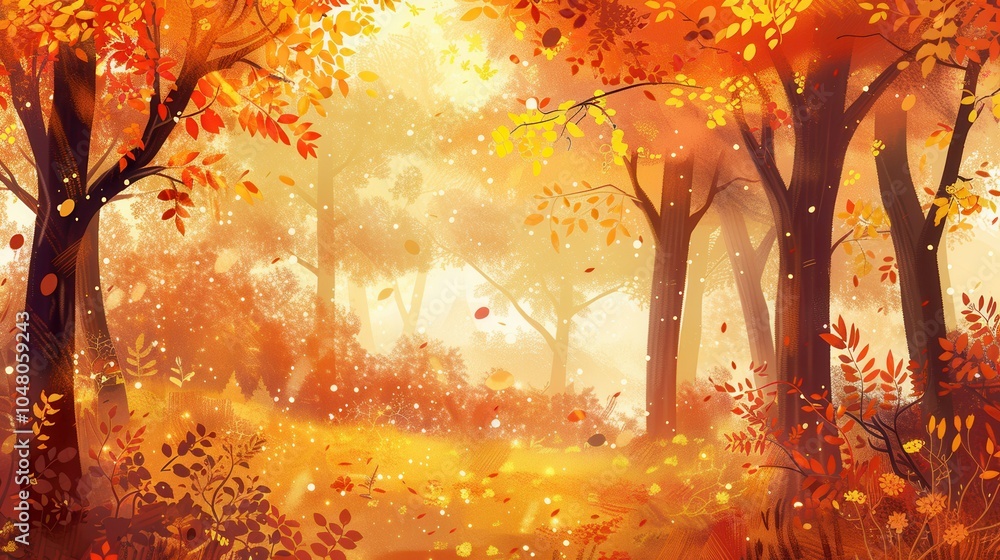 Poster bright fall leaves adorn trees in a golden autumn forest, creating a serene atmosphere under soft su