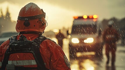 Close-up of emergency responders coordinating storm relief efforts sharp focus ultra HD clean layout