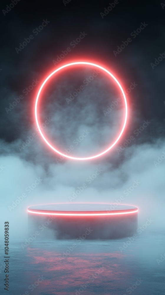 Poster a futuristic transparent glass podium with glowing edges floating above a misty atmosphere perfect f